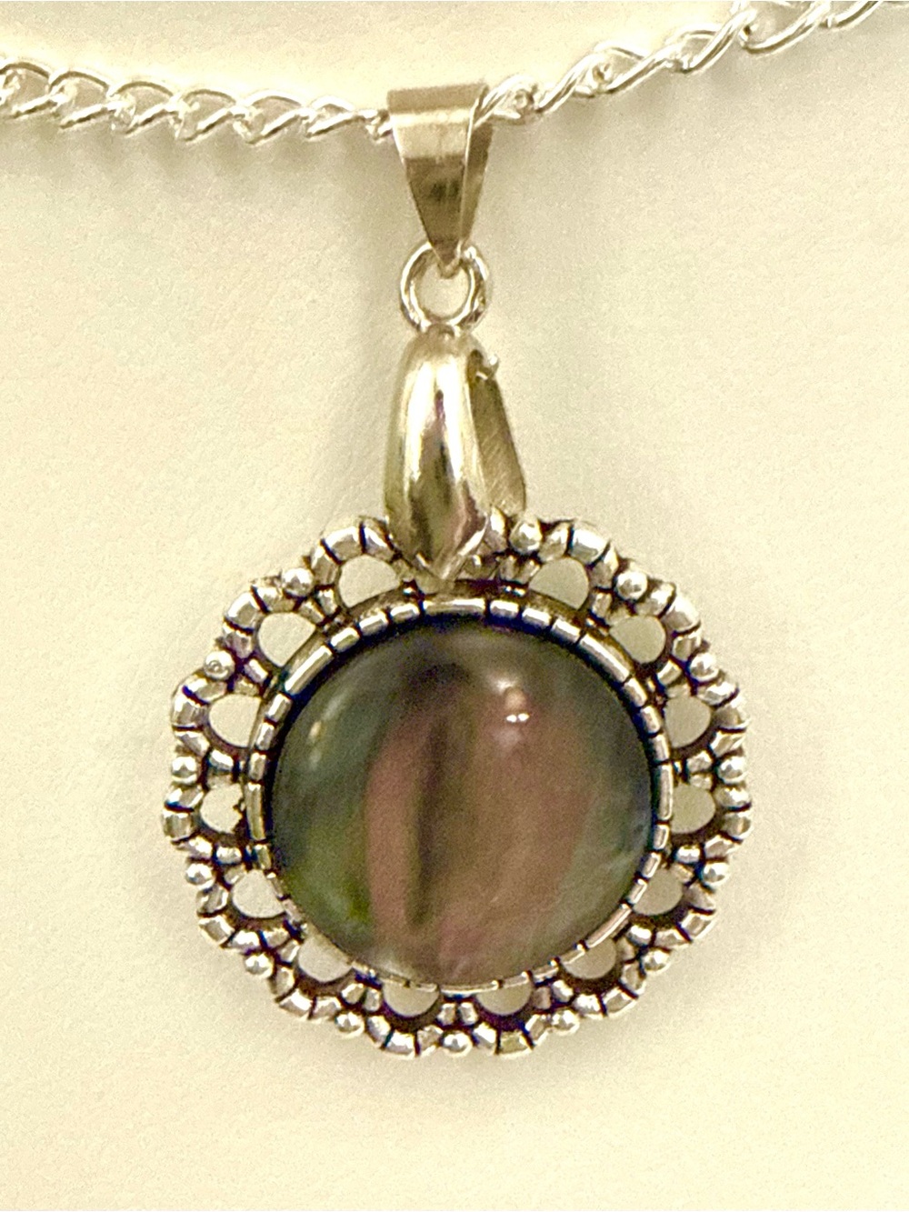 925 Sterling Silver Genuine Abalone Shell Round Pendant Necklace 16" Ornate